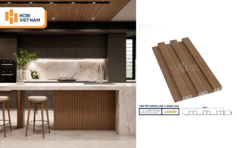 Tấm ốp lam sóng nâu lắp đặt trong nhà bếp