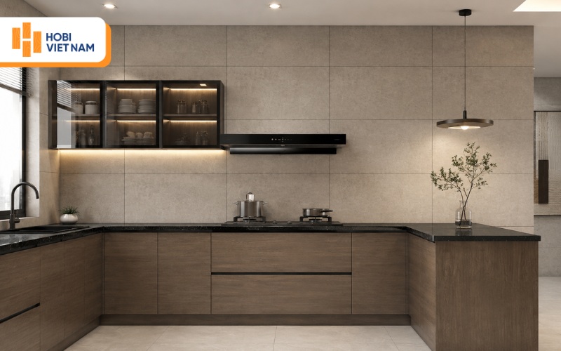 Tấm nhựa ốp tường bếp vân gạch màu trầm