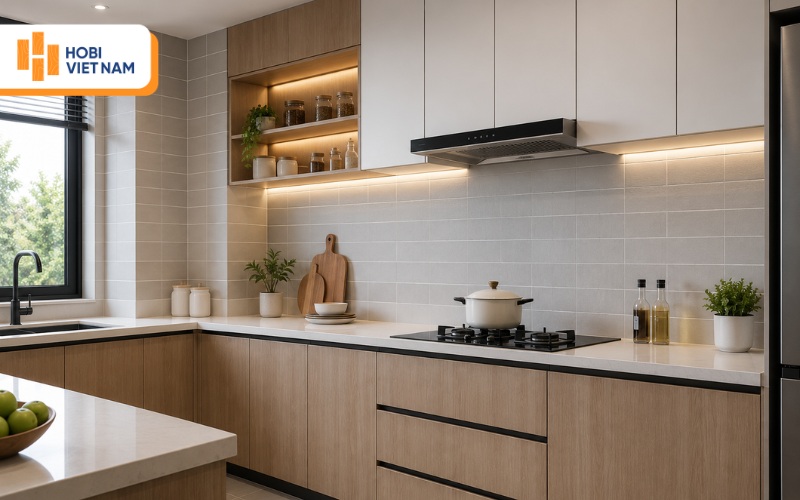 Tấm nhựa ốp tường bếp vân gạch xám