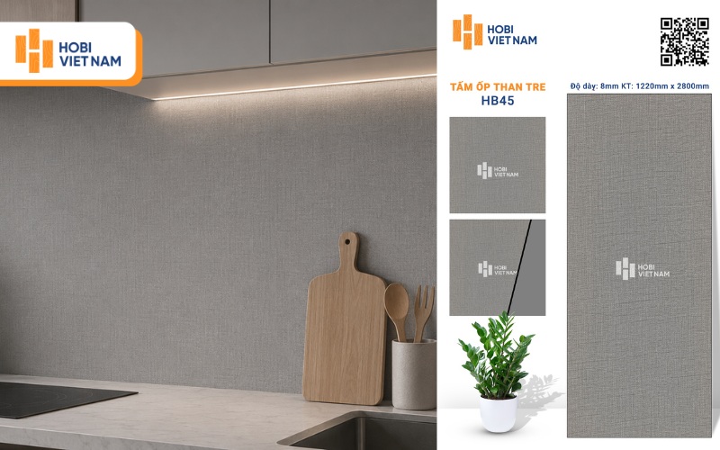 Tấm ốp tường bếp than tre tone màu xám