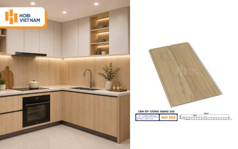 Tấm nhựa ốp tường bếp tone nâu sáng