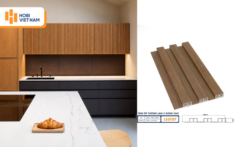 Tấm ốp tường lam 3 sóng cao trong không gian nhà bếp