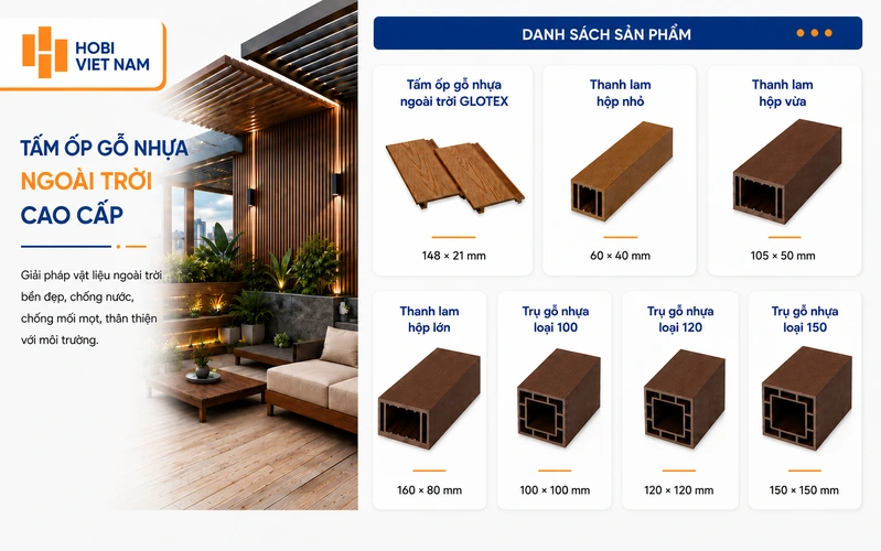 Hobi Việt Nam cung cấp đa dạng sản phẩm gỗ nhựa ngoài trời, đáp ứng nhiều nhu cầu thi công và hoàn thiện công trình.