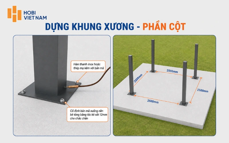Hàn sắt hộp với bản mã và cố định bản mã xuống nền bê tông bằng tắc kê sắt 12 mm