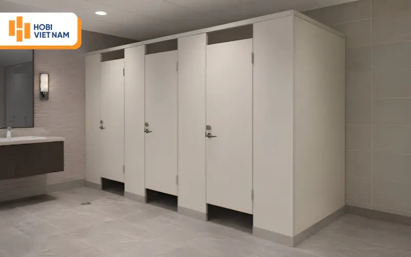 Mẫu vách ngăn nhà vệ sinh tone trắng kem đơn giản 