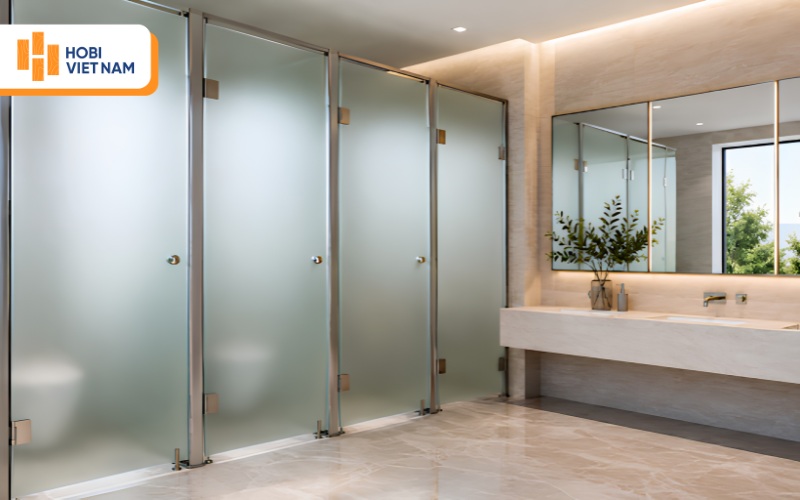Vách ngăn toilet kính mờ tạo cảm giác rộng và thoáng 