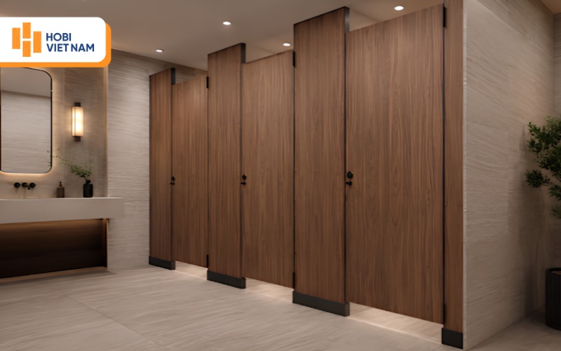 Vách ngăn nhà vệ sinh chất liệu gỗ mộc mạc