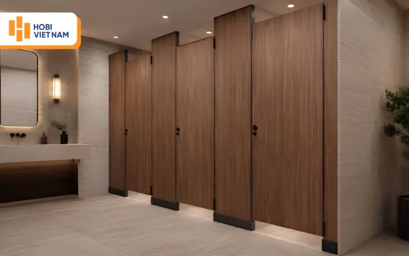 Vách ngăn nhà vệ sinh chất liệu gỗ mộc mạc