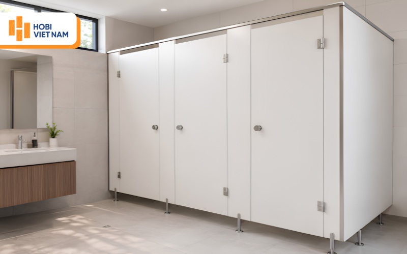 Vách ngăn toilet màu trắng tối giản, sạch sẽ và hiện đại
