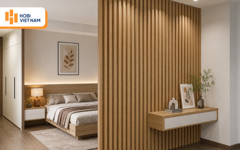 Vách ngăn phòng ngủ bằng lam sóng nhựa giả gỗ