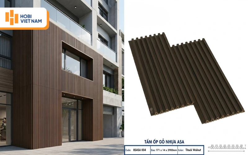 Tấm ốp gỗ nhựa ASA Hobi Wood BSASA 004 ốp mặt tiền sang trọng Tấm ốp gỗ nhựa ASA Hobi Wood BSASA 004 ốp mặt tiền sang trọng