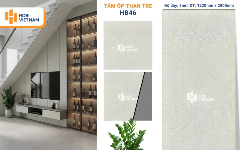 Tấm ốp tường vân vải HB46 kết hợp tủ rượu và kệ tivi hiện đại Tấm ốp tường vân vải HB46 kết hợp tủ rượu và kệ tivi hiện đại