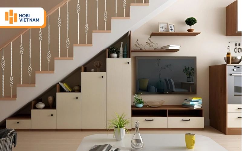 Vách tivi cầu thang có nhiều học tủ tối ưu hóa không gian lưu trữ Vách tivi cầu thang có nhiều học tủ tối ưu hóa không gian lưu trữ