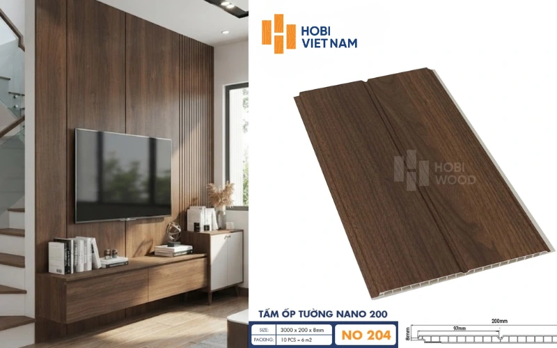 Vách tivi chân cầu thang ốp tấm ốp tường Nano 200 NO 204 vân gỗ trầm ấm Vách tivi chân cầu thang ốp tấm ốp tường Nano 200 NO 204 vân gỗ trầm ấm