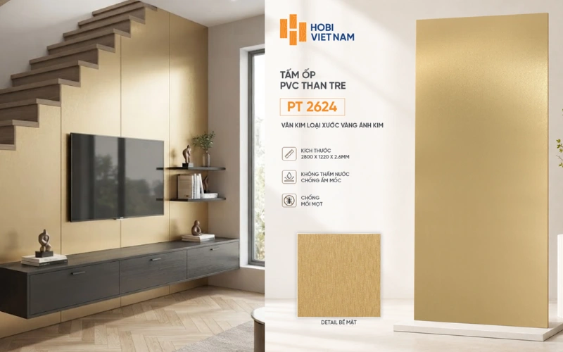 Vách tivi chân cầu thang ốp tấm ốp PVC than tre PT 2624 ánh kim sang trọng Vách tivi chân cầu thang ốp tấm ốp PVC than tre PT 2624 ánh kim sang trọng