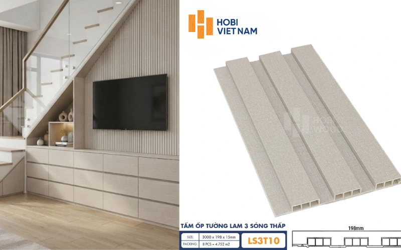 Vách tivi chân cầu thang ốp tấm ốp tường lam 3 sóng thấp LS3T10 hiện đại, tinh tế Vách tivi chân cầu thang ốp tấm ốp tường lam 3 sóng thấp LS3T10 hiện đại, tinh tế