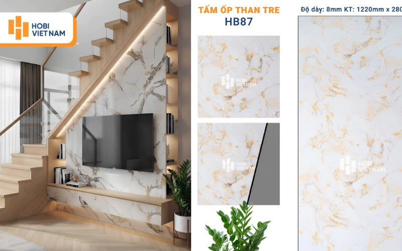 Vách tivi cầu thang ốp tấm ốp than tre HB85 vân đá sang trọng Vách tivi cầu thang ốp tấm ốp than tre HB85 vân đá sang trọng