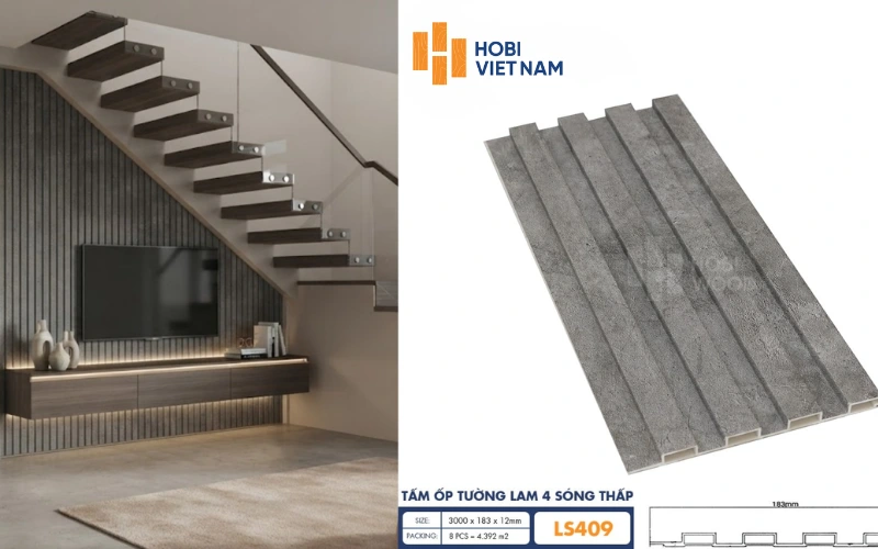 Vách tivi chân cầu thang ốp lam sóng thấp màu xám ghi mang phong cách hiện đại. Vách tivi chân cầu thang ốp lam sóng thấp màu xám ghi mang phong cách hiện đại.