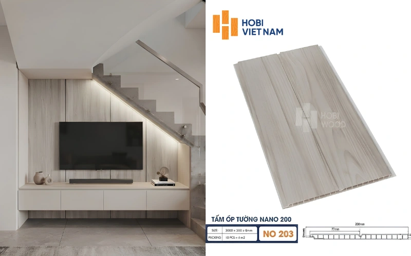 Vách tivi chân cầu thang ốp tấm ốp tường Nano 200 NO 203 vân gỗ sáng hiện đại Vách tivi chân cầu thang ốp tấm ốp tường Nano 200 NO 203 vân gỗ sáng hiện đại