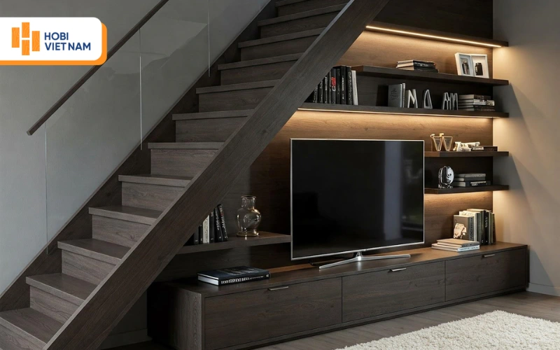 Vách ngăn cầu thang liền kệ tivi hiện đại với kệ tivi và tủ sách gỗ tối màu, kết hợp đèn LED Vách ngăn cầu thang liền kệ tivi hiện đại với kệ tivi và tủ sách gỗ tối màu, kết hợp đèn LED