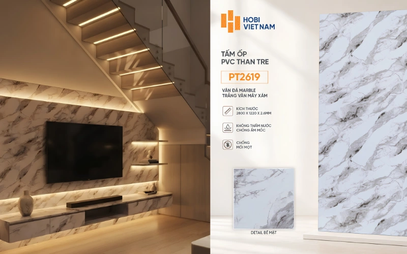 Vách tivi gầm cầu thang ốp tấm PVC than tre PT2619 vân đá, đèn LED hiện đại Vách tivi gầm cầu thang ốp tấm PVC than tre PT2619 vân đá, đèn LED hiện đại