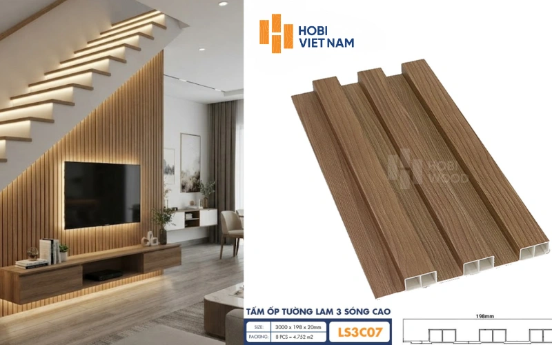 Vách tivi gầm cầu thang ốp lam 3 sóng cao LS3C07 vân gỗ, đèn LED hắt nổi bật Vách tivi gầm cầu thang ốp lam 3 sóng cao LS3C07 vân gỗ, đèn LED hắt nổi bật