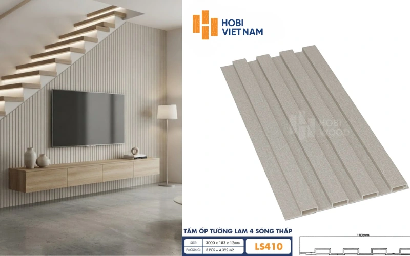 Vách ngăn tivi cầu thang với tấm ốp tường lam 4 sóng Vách ngăn tivi cầu thang với tấm ốp tường lam 4 sóng
