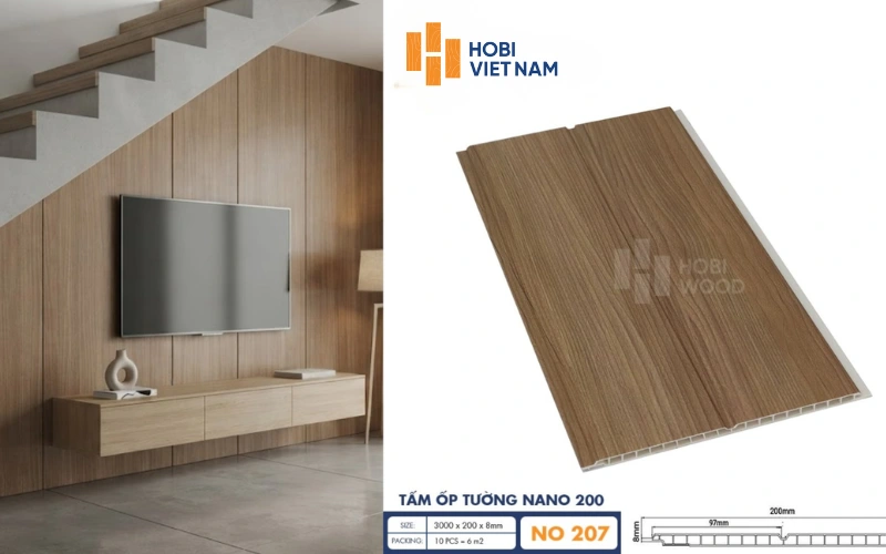 Vách tivi cầu thang với tấm ốp tường nano phong cách đơn giản