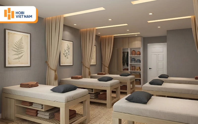Giấy dán tường xám trung tính mang đến sự thư thái, yên bình cho spa