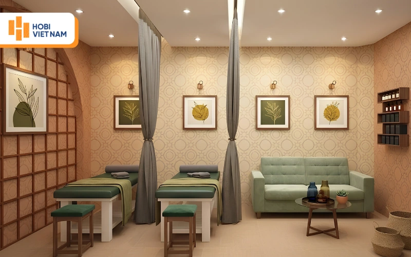 Spa dán giấy dán tường hoa văn nhẹ nhàng giúp không gian thêm ấm cúng