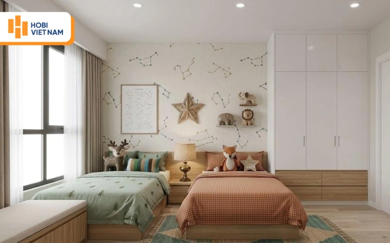 Giấy dán tường họa tiết chòm sao nhẹ nhàng, tinh tế cho phòng ngủ đôi