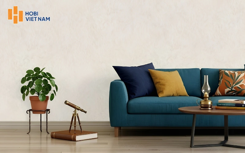 Giấy dán tường cao cấp Hàn Quốc màu kem tạo nền thanh lịch cho ghế sofa xanh