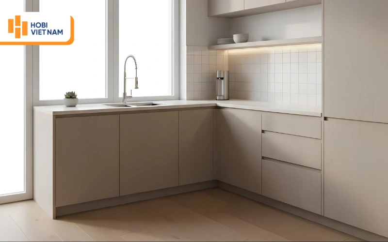 Tủ bếp chữ L tông kem thanh lịch đặt cạnh cửa sổ thoáng đãng, đón sáng