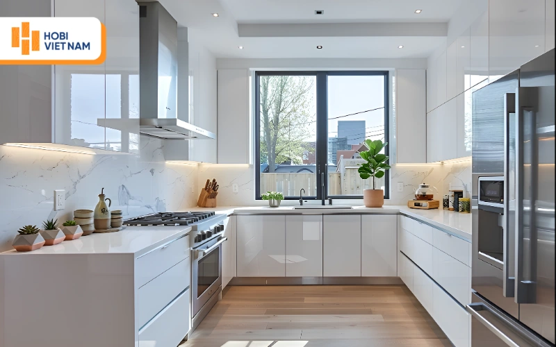 Mẫu bếp chữ U nhỏ đẹp màu trắng Acrylic hiện đại, mở rộng tối đa không gian lưu trữ 