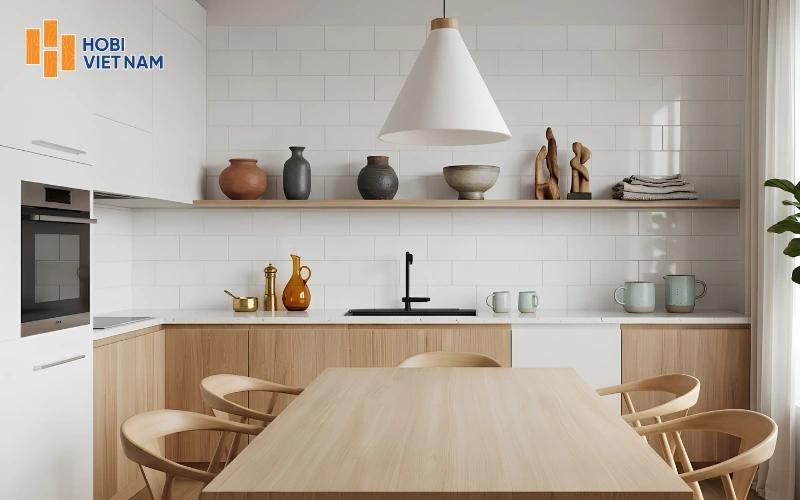 Bếp Scandinavian phối gỗ - trắng mộc mạc, điểm nhấn gạch thẻ tươi sáng 