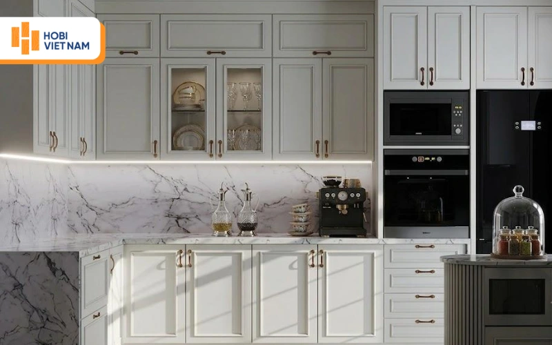 Bếp tân cổ điển gam xám ghi nhẹ nhàng, thanh lịch kết hợp đá vân mây 