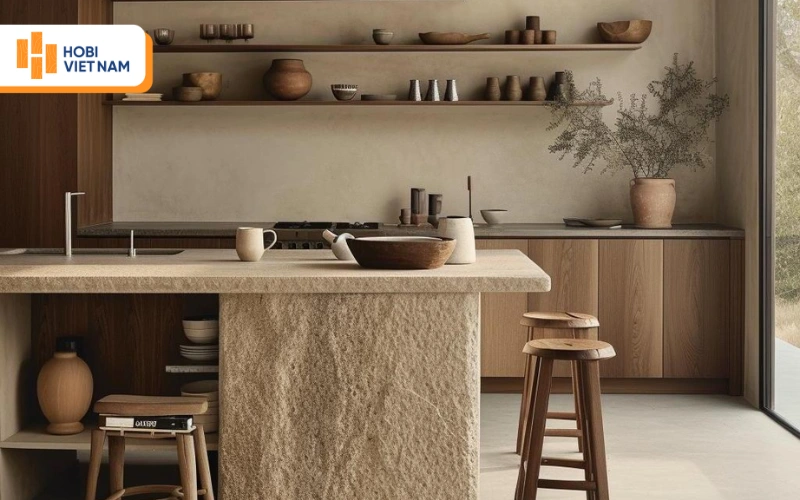 Bếp Wabi Sabi nổi bật với bàn đảo đá thô nhám và đồ gốm mộc mạc, tĩnh lặng 