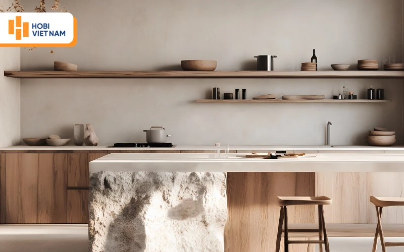 Căn bếp Wabi Sabi mộc mạc với đảo đá thô nguyên khối ấm cúng, thư thái 
