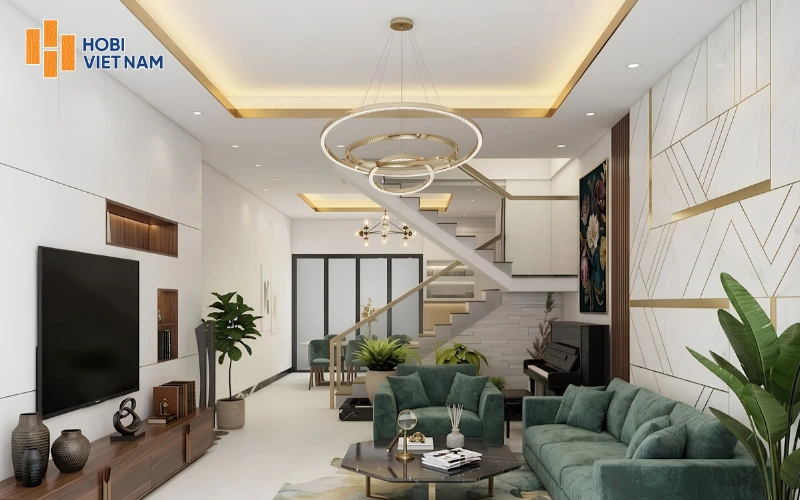 Trần thạch cao giật cấp hình chữ nhật viền vàng nổi bật kết hợp đèn hắt sáng và đèn chùm hiện đại Trần thạch cao giật cấp hình chữ nhật viền vàng nổi bật kết hợp đèn hắt sáng và đèn chùm hiện đại