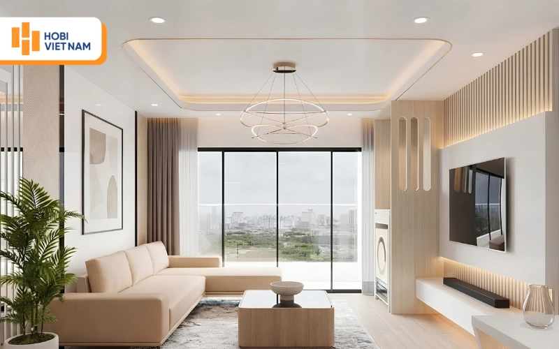 Mẫu trần thạch cao phẳng bo góc tinh tế, điểm nhấn đèn thả nghệ thuật, sang trọng Mẫu trần thạch cao phẳng bo góc tinh tế, điểm nhấn đèn thả nghệ thuật, sang trọng