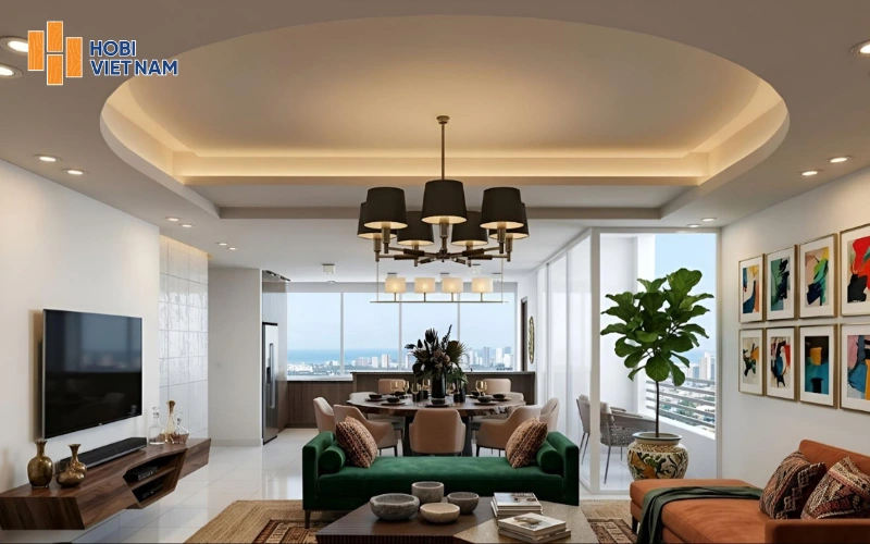 Trần thạch cao uốn vòm cong tinh tế mở rộng không gian phòng khách Trần thạch cao uốn vòm cong tinh tế mở rộng không gian phòng khách