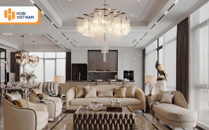 Trần thạch cao giật cấp hiện đại, đèn chùm pha lê lộng lẫy, điểm nhấn biệt thự Trần thạch cao giật cấp hiện đại, đèn chùm pha lê lộng lẫy, điểm nhấn biệt thự