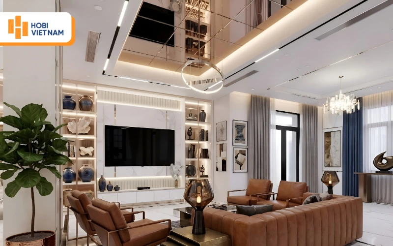 Mẫu trần thạch cao hiện đại với đèn LED thanh trang nhã cho phòng khách biệt thự Mẫu trần thạch cao hiện đại với đèn LED thanh trang nhã cho phòng khách biệt thự