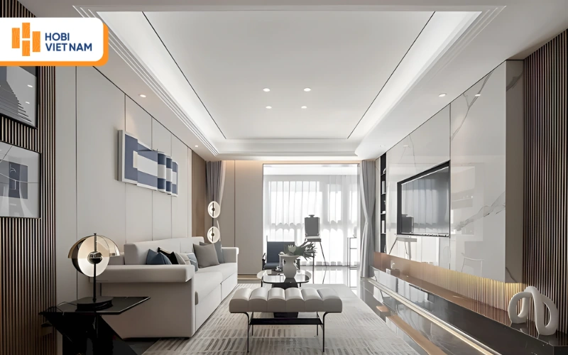 Thiết kế trần thạch cao đồng bộ với phong cách nội thất phòng khách Thiết kế trần thạch cao đồng bộ với phong cách nội thất phòng khách