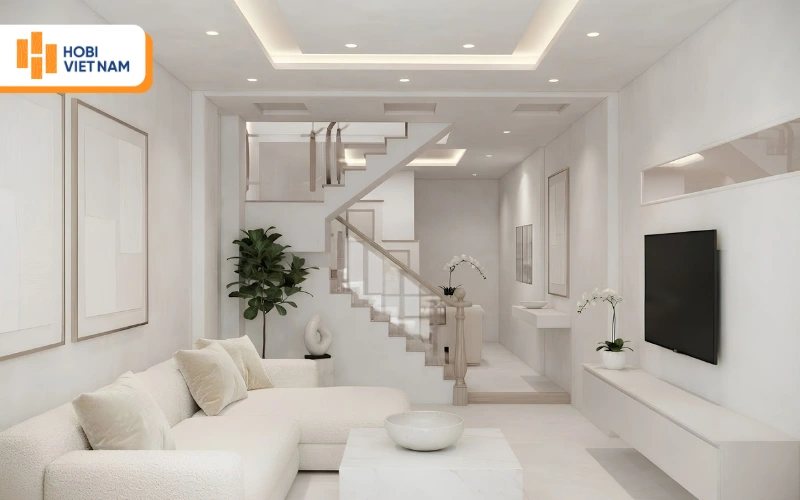 Trần thạch cao giật cấp đơn giản, đèn hắt ấm cúng, thiết kế tối ưu cho nhà ống Trần thạch cao giật cấp đơn giản, đèn hắt ấm cúng, thiết kế tối ưu cho nhà ống