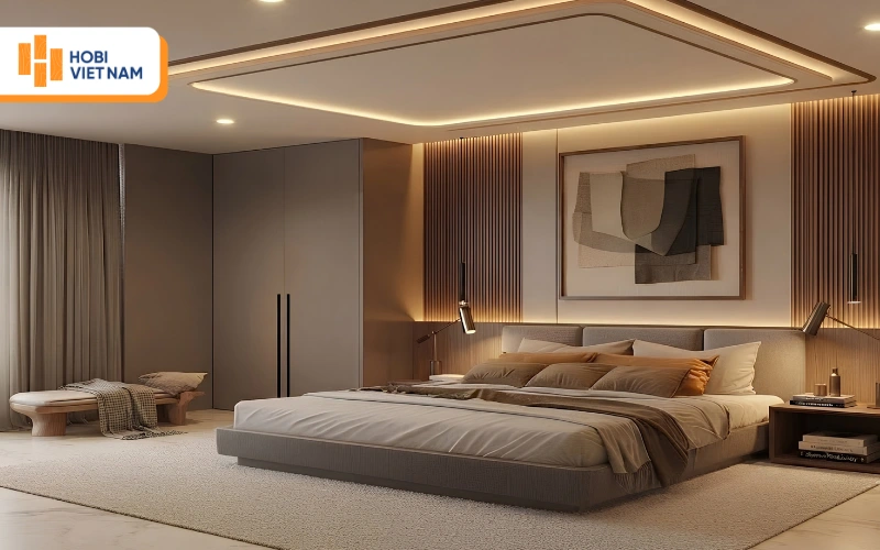 Trần thạch cao giật cấp hiện đại, đèn hắt vàng ấm cúng cho phòng ngủ vợ chồng Trần thạch cao giật cấp hiện đại, đèn hắt vàng ấm cúng cho phòng ngủ vợ chồng