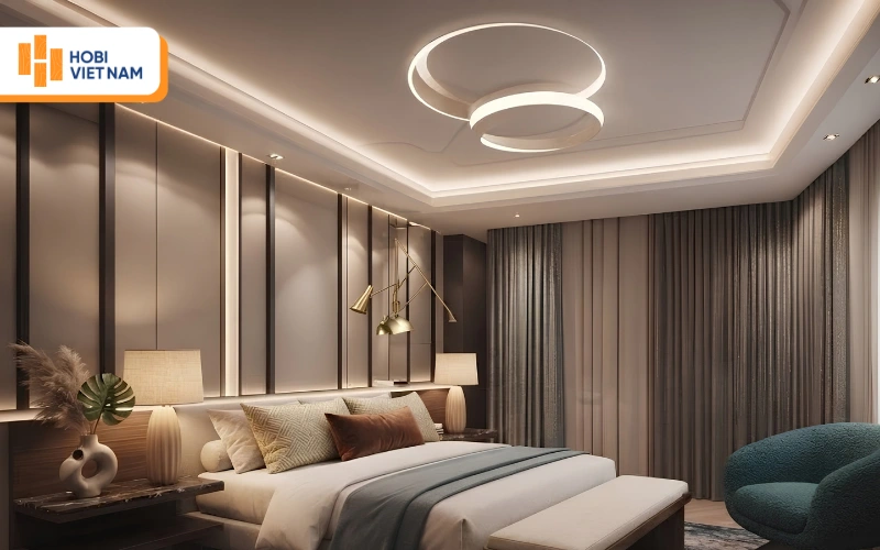 Mẫu trần thạch cao giật cấp kết hợp đèn chùm tròn độc đáo, sang trọng cho phòng ngủ Mẫu trần thạch cao giật cấp kết hợp đèn chùm tròn độc đáo, sang trọng cho phòng ngủ
