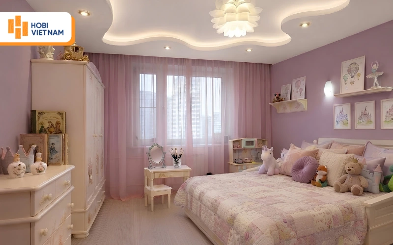 Thiết kế trần thạch cao lượn sóng mềm mại, tạo hình độc đáo cho phòng bé gái Thiết kế trần thạch cao lượn sóng mềm mại, tạo hình độc đáo cho phòng bé gái
