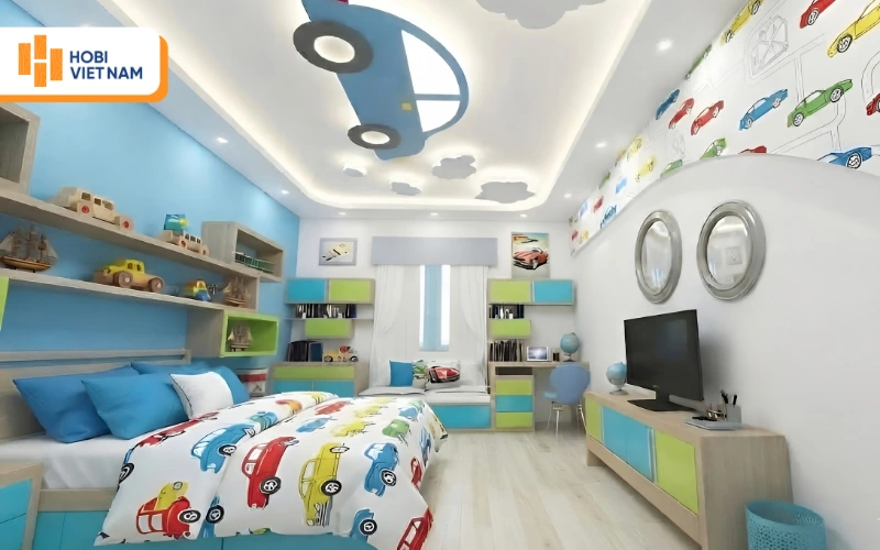 Trần thạch cao giật cấp kết hợp tạo hình ô tô ngộ nghĩnh, không gian sinh động cho bé trai Trần thạch cao giật cấp kết hợp tạo hình ô tô ngộ nghĩnh, không gian sinh động cho bé trai