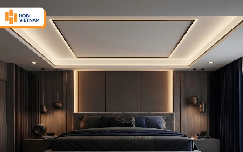 Trần thạch cao giật cấp vuông bo góc, đèn led hắt sáng viền tạo hiệu ứng không gian 3D sang trọng, đẳng cấp Trần thạch cao giật cấp vuông bo góc, đèn led hắt sáng viền tạo hiệu ứng không gian 3D sang trọng, đẳng cấp